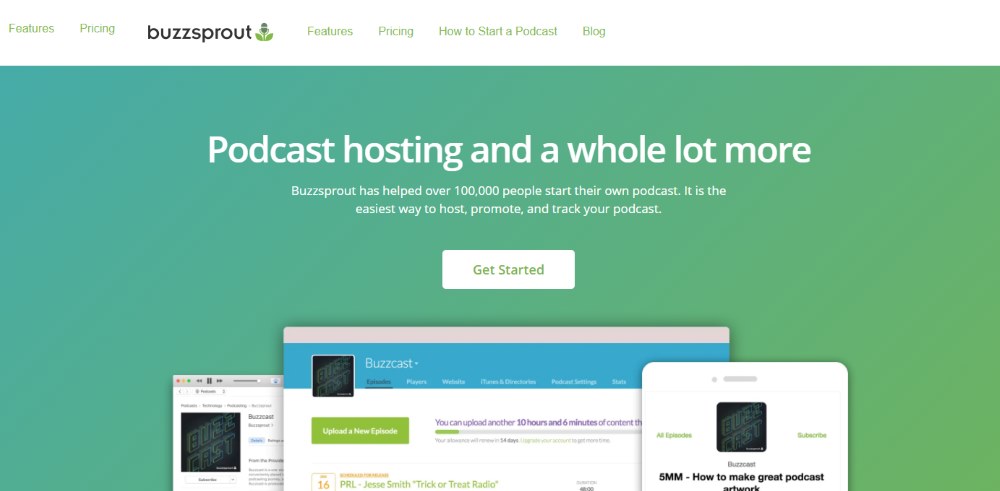 Image of the Buzzsprout podcasting website home page